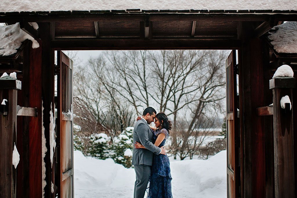 South Asian Indian Minneapolis Engagement Photographers Winter Japanese Garden, Snow, Winter, Asia, Twin Cities Engagement Photography, Saint Paul, Minneapolis Wedding Photographers, Midwest, Minnesota, Engagement, Photography